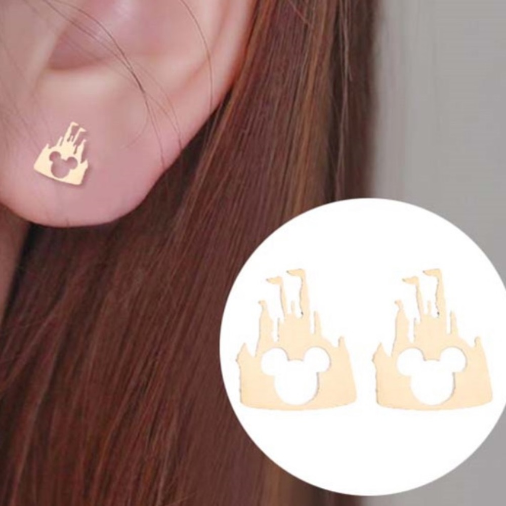 DISNEY Castle ROSE GOLD Stainless Steel Stud Earrings with GIFT BAG